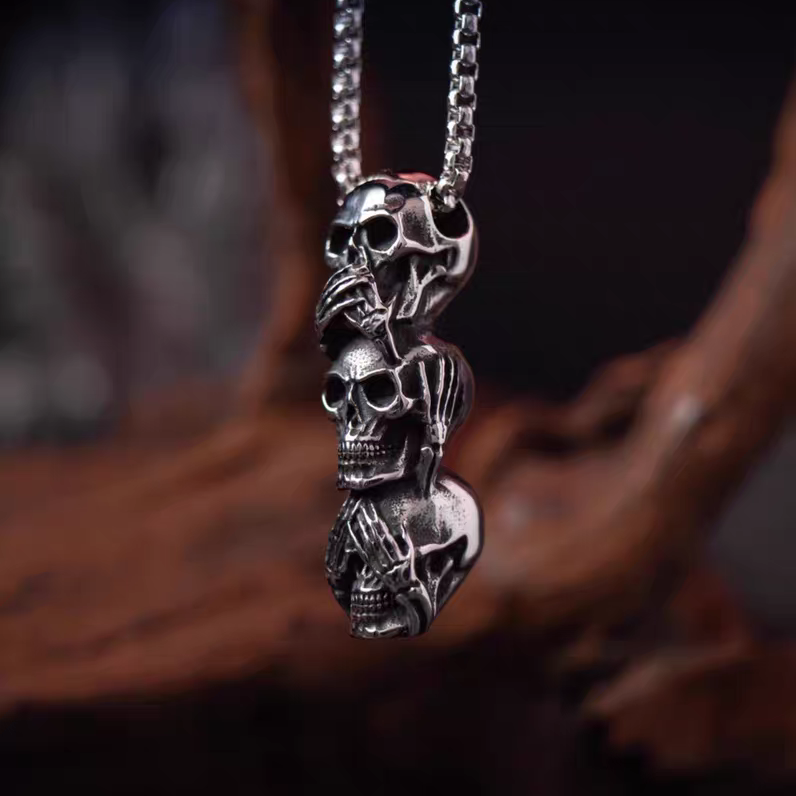 Kemstone Dark Gothic "See Speak Hear No Evil" Skull Pendant Necklace – Titanium Steel For Men & Women Rock Jewelry