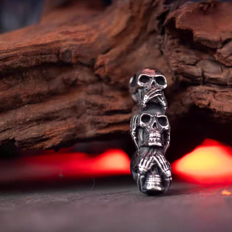 Kemstone Dark Gothic "See Speak Hear No Evil" Skull Pendant Necklace – Titanium Steel For Men & Women Rock Jewelry