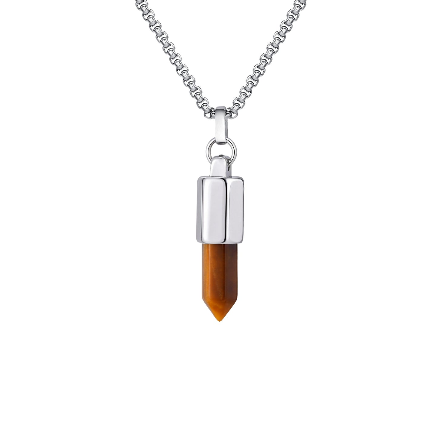 Kemstone Men’s Stainless Steel Bullet Pendant Necklace – Tiger Eye & Black Agate Minimalist Jewelry PN-2227