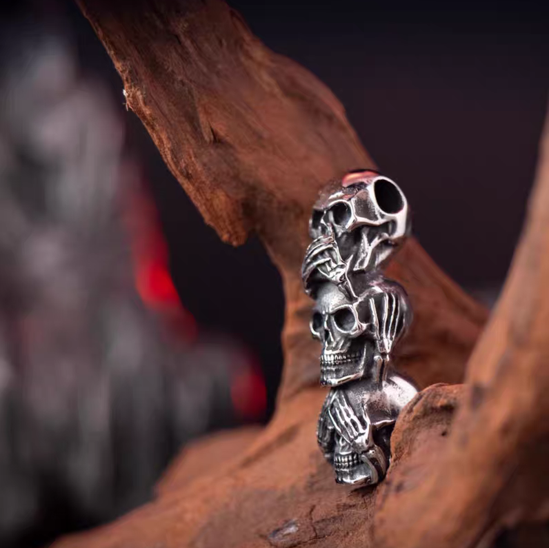 Kemstone Dark Gothic "See Speak Hear No Evil" Skull Pendant Necklace – Titanium Steel For Men & Women Rock Jewelry