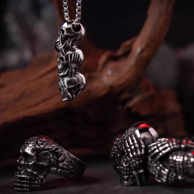 Kemstone Dark Gothic "See Speak Hear No Evil" Skull Pendant Necklace – Titanium Steel For Men & Women Rock Jewelry