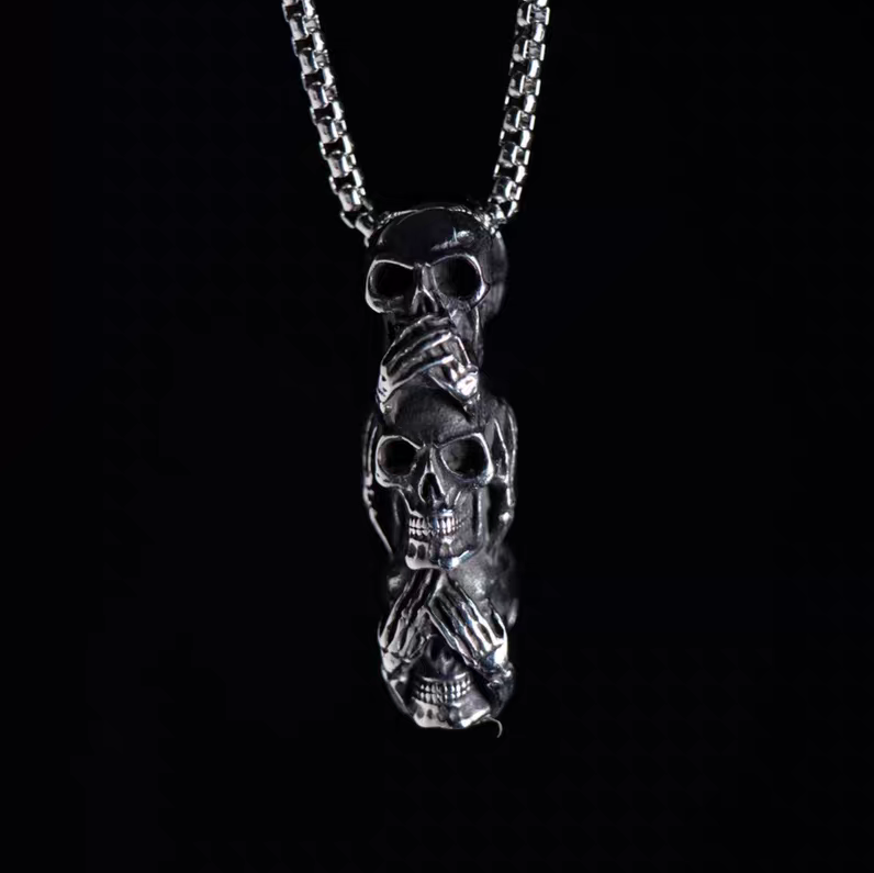 Kemstone Dark Gothic "See Speak Hear No Evil" Skull Pendant Necklace – Titanium Steel For Men & Women Rock Jewelry