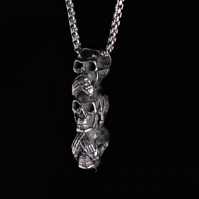 Kemstone Dark Gothic "See Speak Hear No Evil" Skull Pendant Necklace – Titanium Steel For Men & Women Rock Jewelry