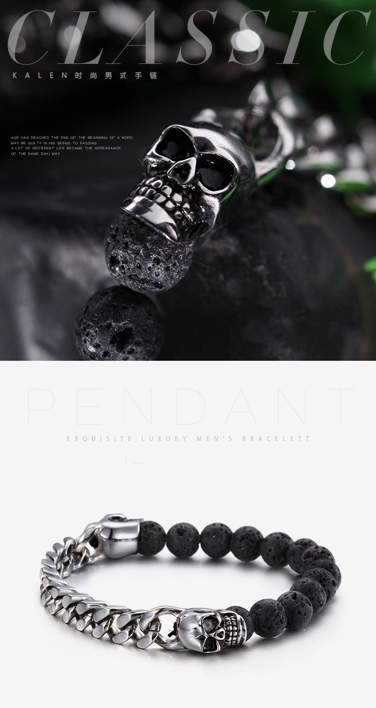 Kemstone Stainless Steel Skull & Volcanic Stone Mala Bracelet – Ethereal Energy Fusion KB66361