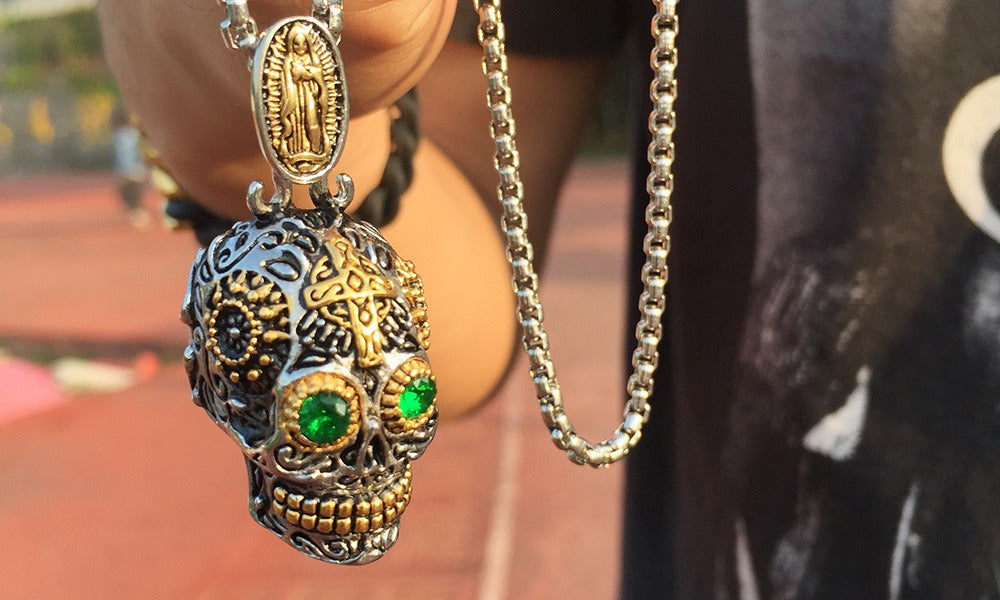Kemstone Stainless Steel Skull Pendant Necklace for Men with Green Crystal Eyes Punk Style PN-1158