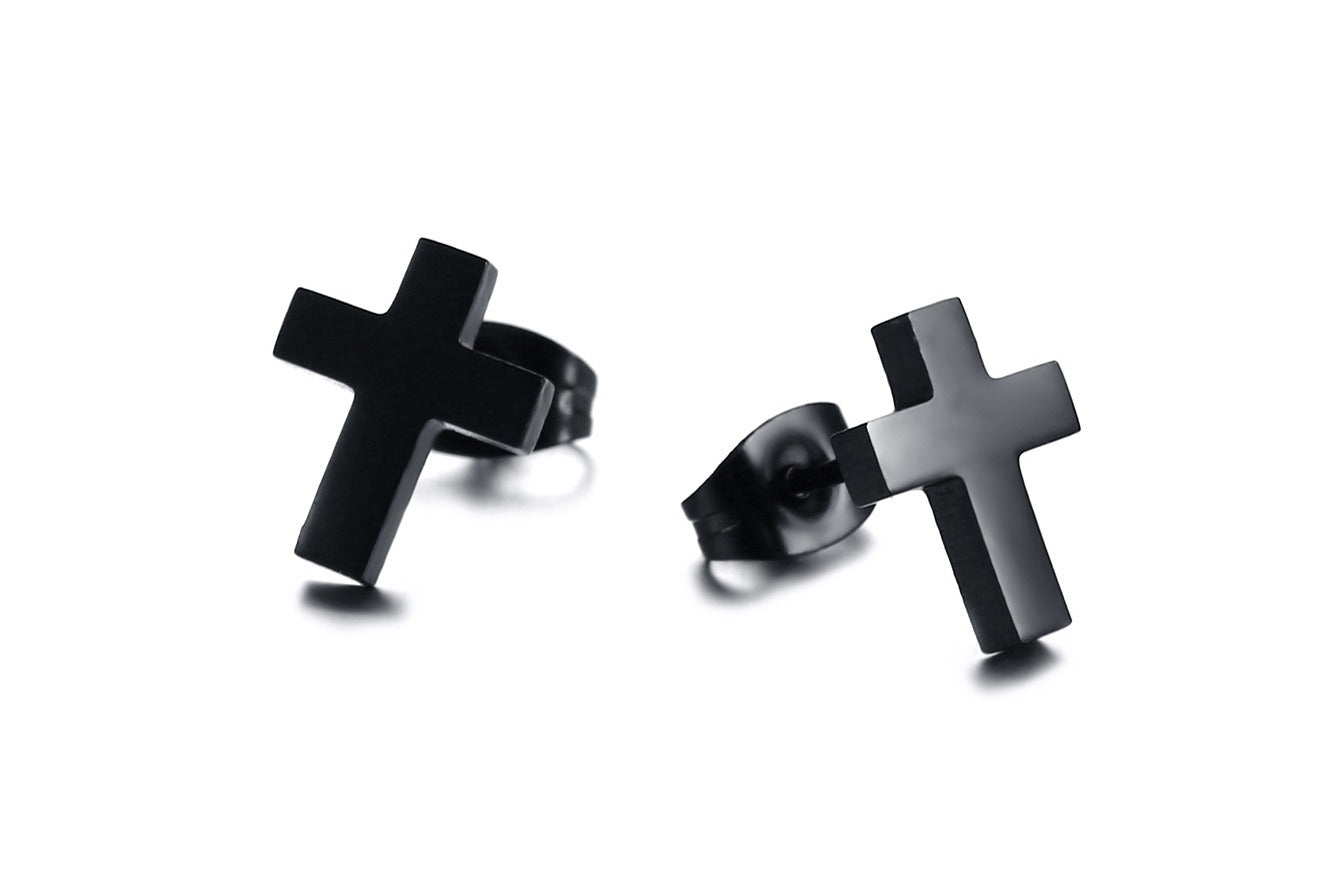 Kemstone Stainless Steel Cross Stud Earrings – Gold/Silver/Black, Gothic Minimalist Faith Jewelry ES-214