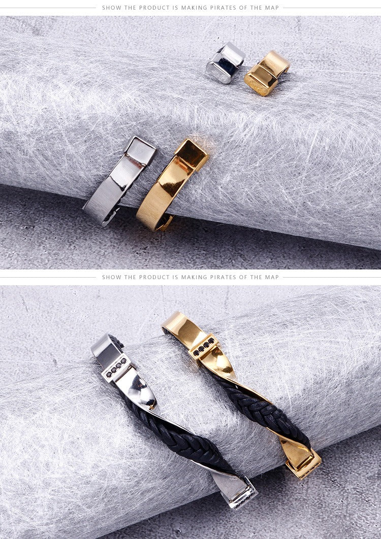 Kemstone Men’s Open Cuff Leather Bracelet – Braided Leather & Stainless Steel with Black Zircon | KB117781-KFC