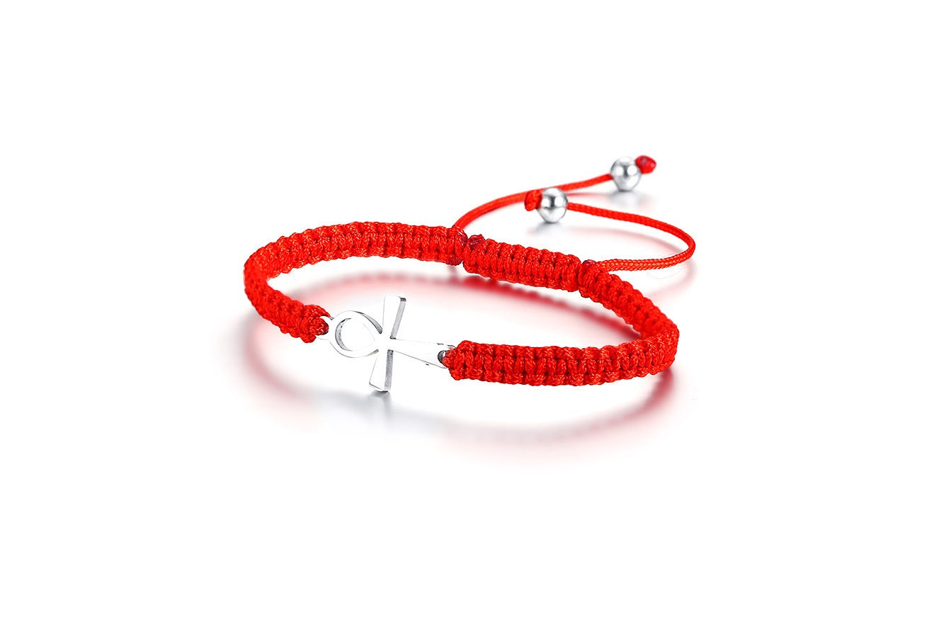 Kemstone Adjustable Ankh Cross Bracelet – Titanium Steel & Red Black Nylon Rope Men & Women BR525