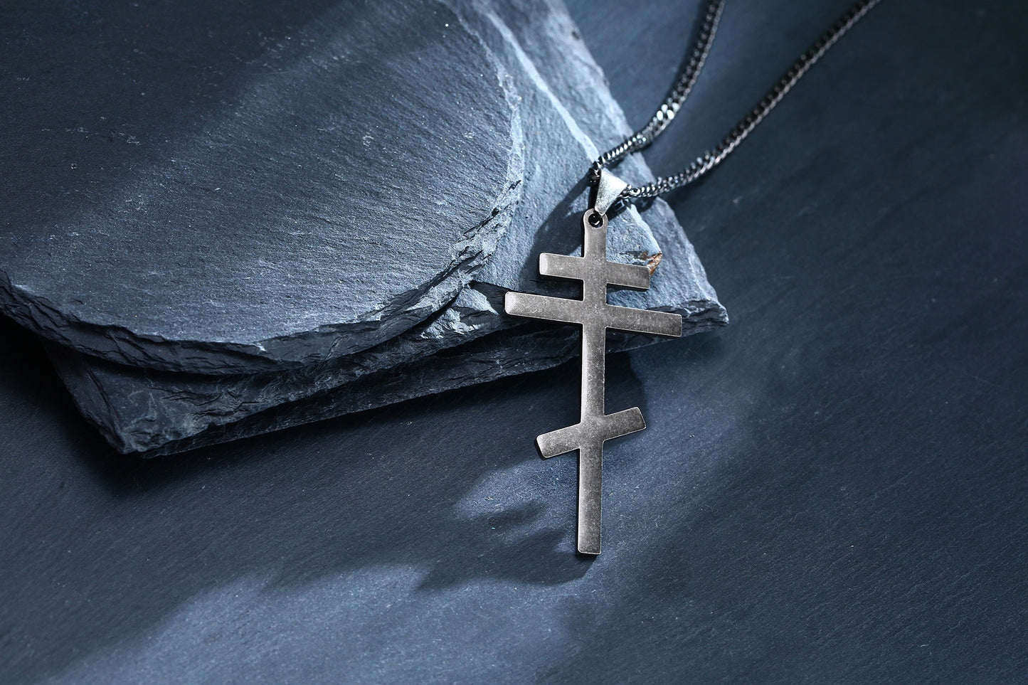 Men's Stainless Steel Orthodox Cross Necklace – Bold Double Bar Gothic Pendant PN-831