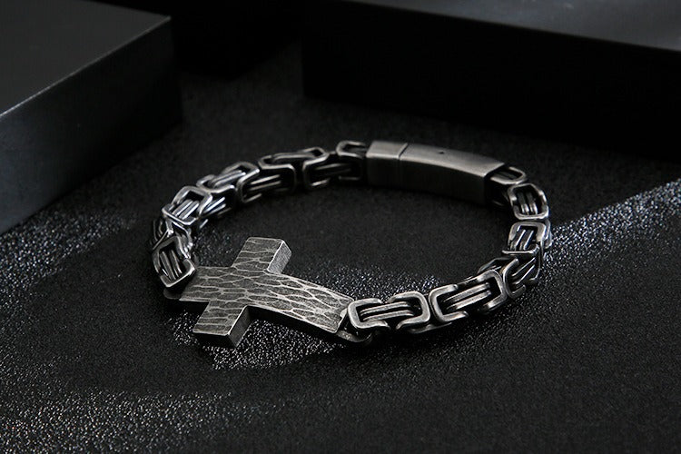 Kemstone Cross Pendant Retro Bracelet – Titanium Steel Cuff with Imperial Chain Design for Men KB122384