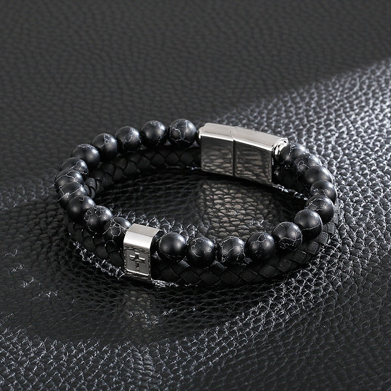 Bracciale da uomo in acciaio inossidabile Kemstone con croce in pelle e pietra turchese KB136651