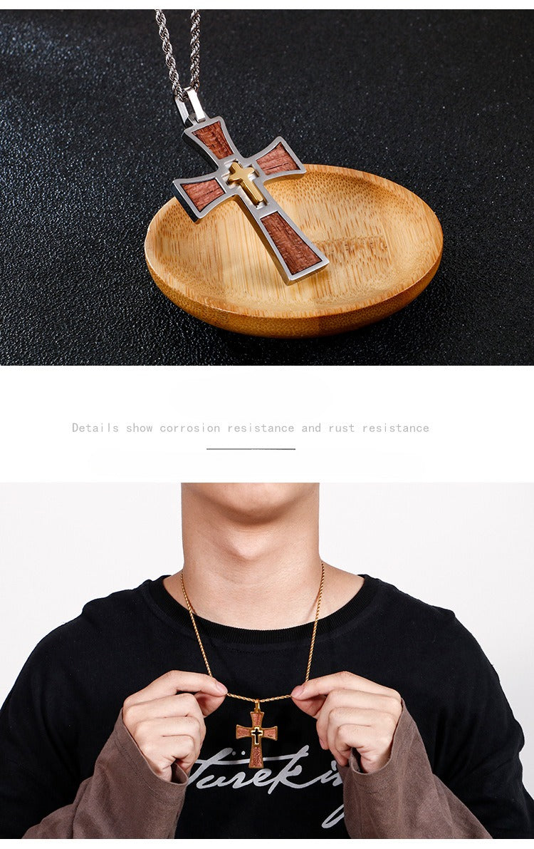Kemstone Layered Stainless Steel & Wood Cross Pendant – Gothic Totem Necklace KP93475