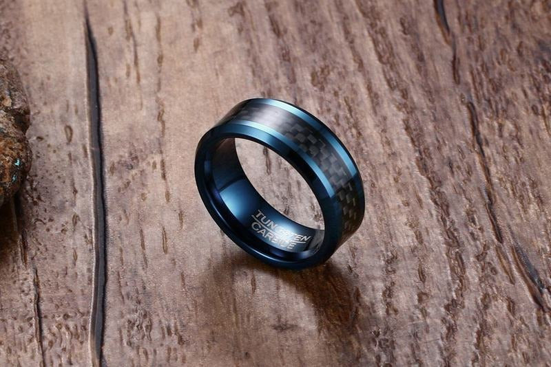 Kemstone Men’s Blue Tungsten Carbide Ring – 8mm Carbon Fiber Inlay, IP Blue Plating, Gothic Viking Band TCR-068