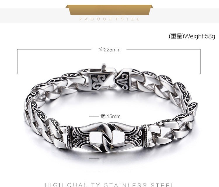 Kemstone Men's Vintage Cuban Chain Bracelet – Engraved Titanium Steel Punk Cuff for Gothic Streetwear KB80116-BD