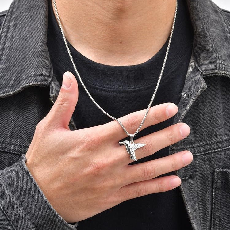 Kemstone Hummingbird Stainless Steel Pendant Necklace for Men – Polished Flying Bird Design PN-2295