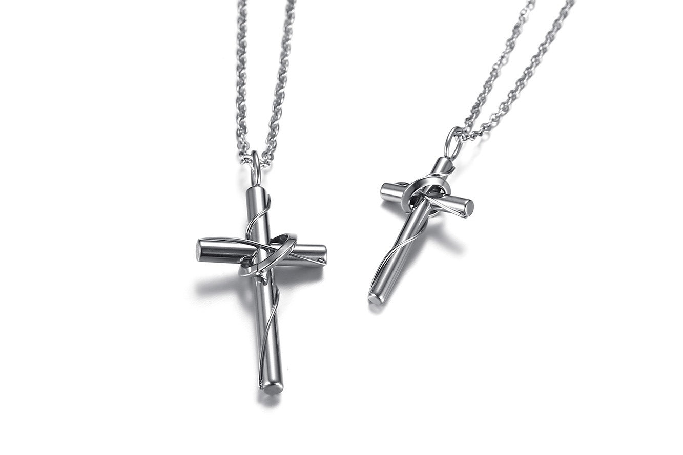 Conjunto de collar con cruz de acero inoxidable – Colgante de pareja con hoja retorcida CN-081