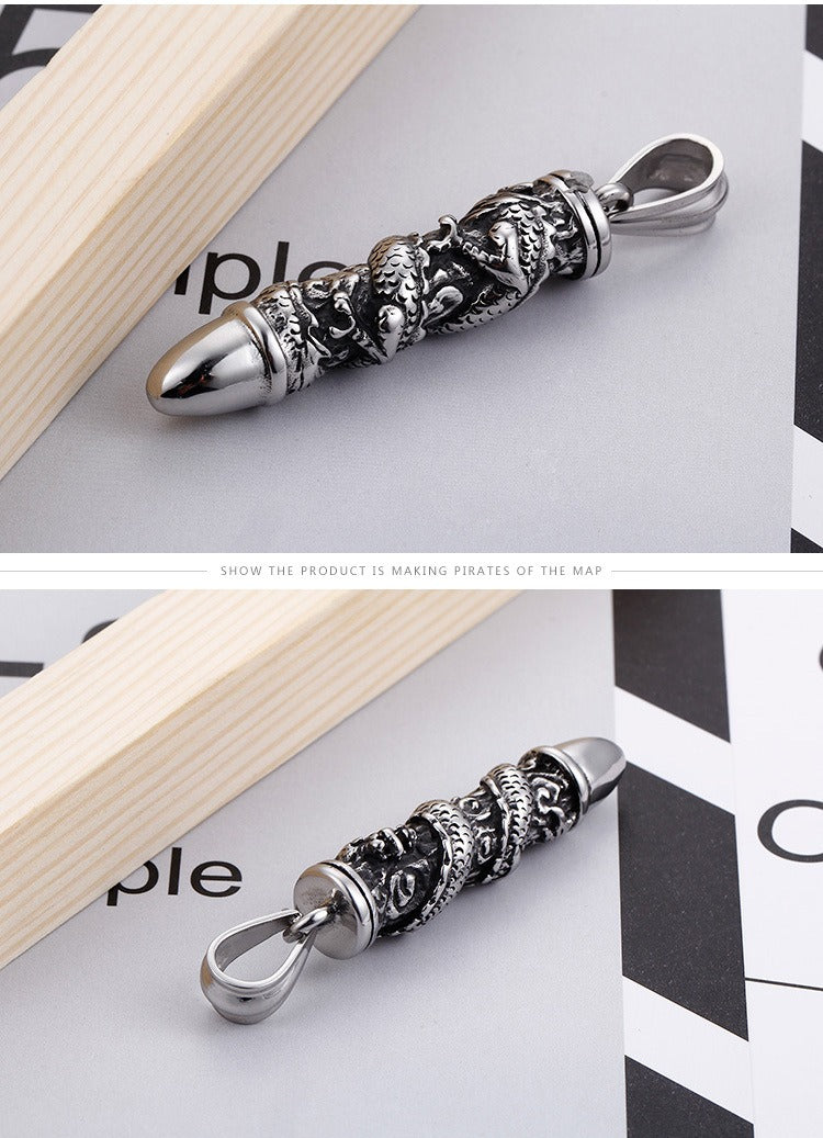 Kemstone Dragon-Wrapped Bullet Pendant – Titanium Steel Necklace for Men, Rugged Norse-Inspired Urban Style KP55643