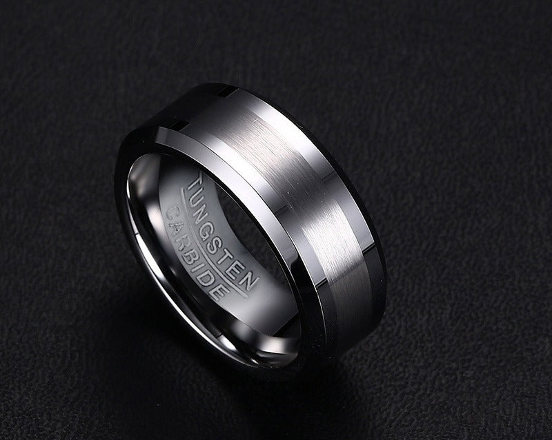 Tungsten Carbide Men's Ring – 8mm Brushed Band | Black & Silver Heavyweight Ring TCR-014