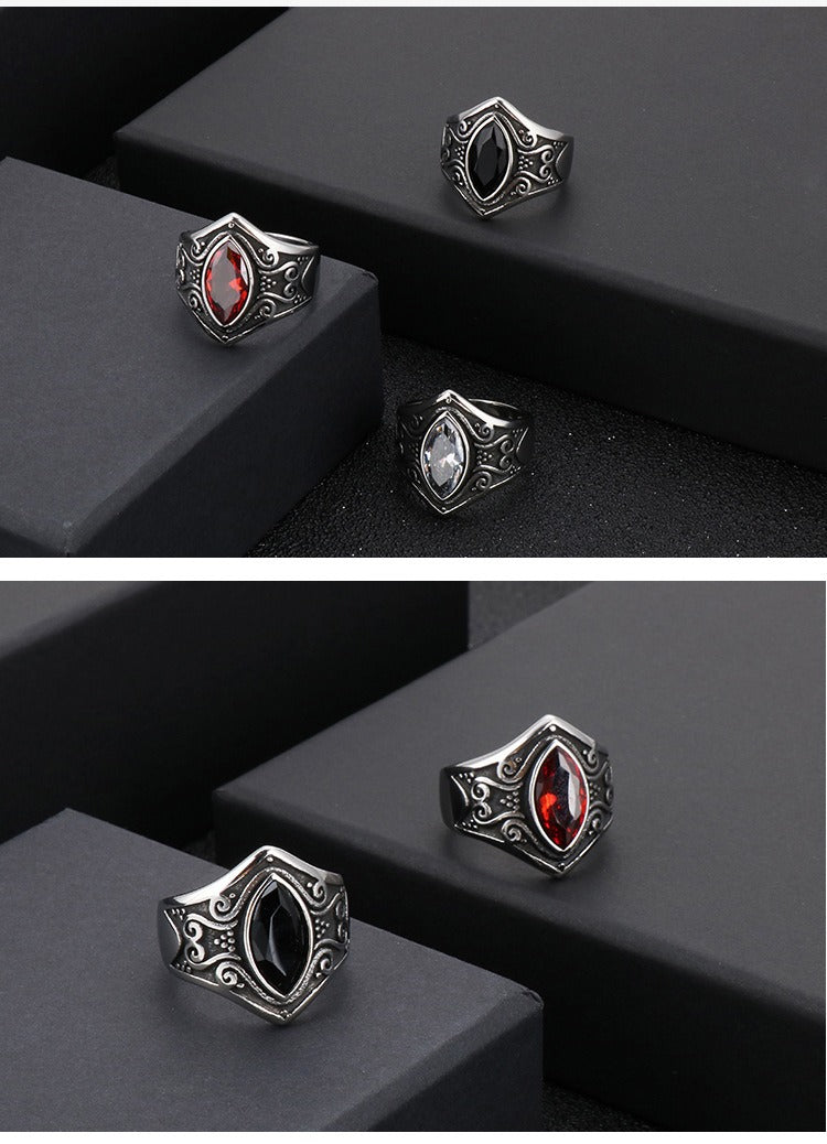 Kemstone Gothic Stainless Steel Signet Ring – Ornate Crystal Inlay Red Black White KR82457