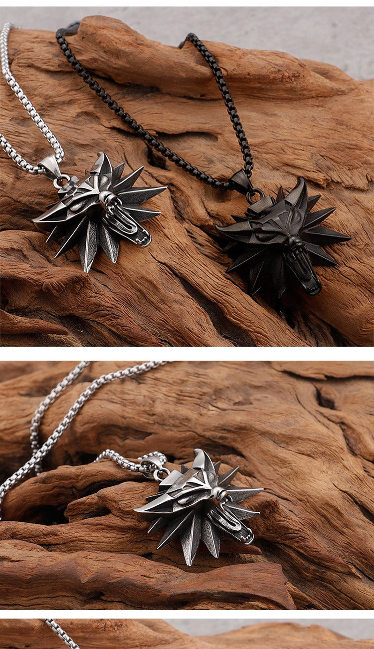 Witcher Wolf Head Pendant Necklace for Men – Gothic Viking Stainless Steel Medallion, Silver/Gold/Black KP59809-K