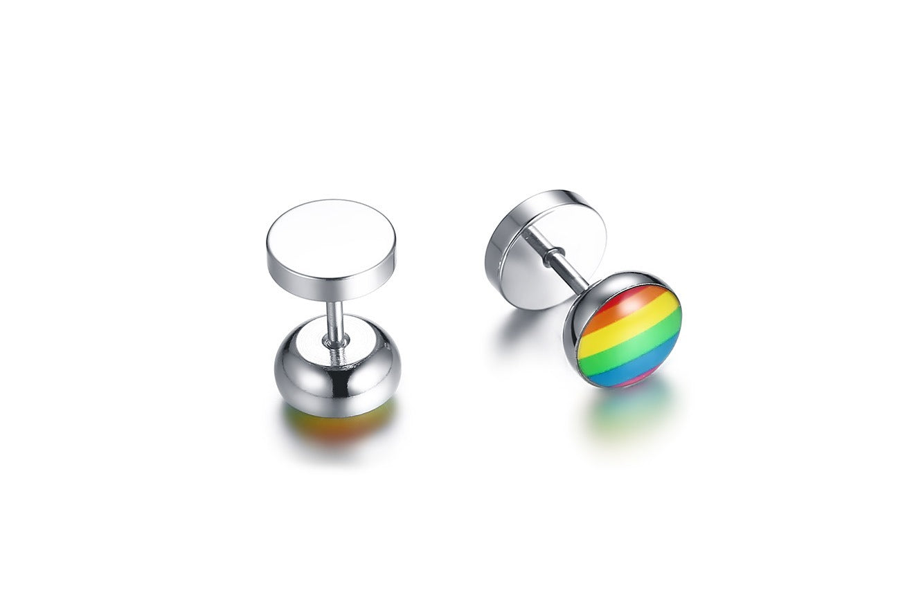 Rainbow Dumbbell Stud Earrings – Stainless Steel Pride Ear Jewelry | Street Gothic Color Edge PE-005