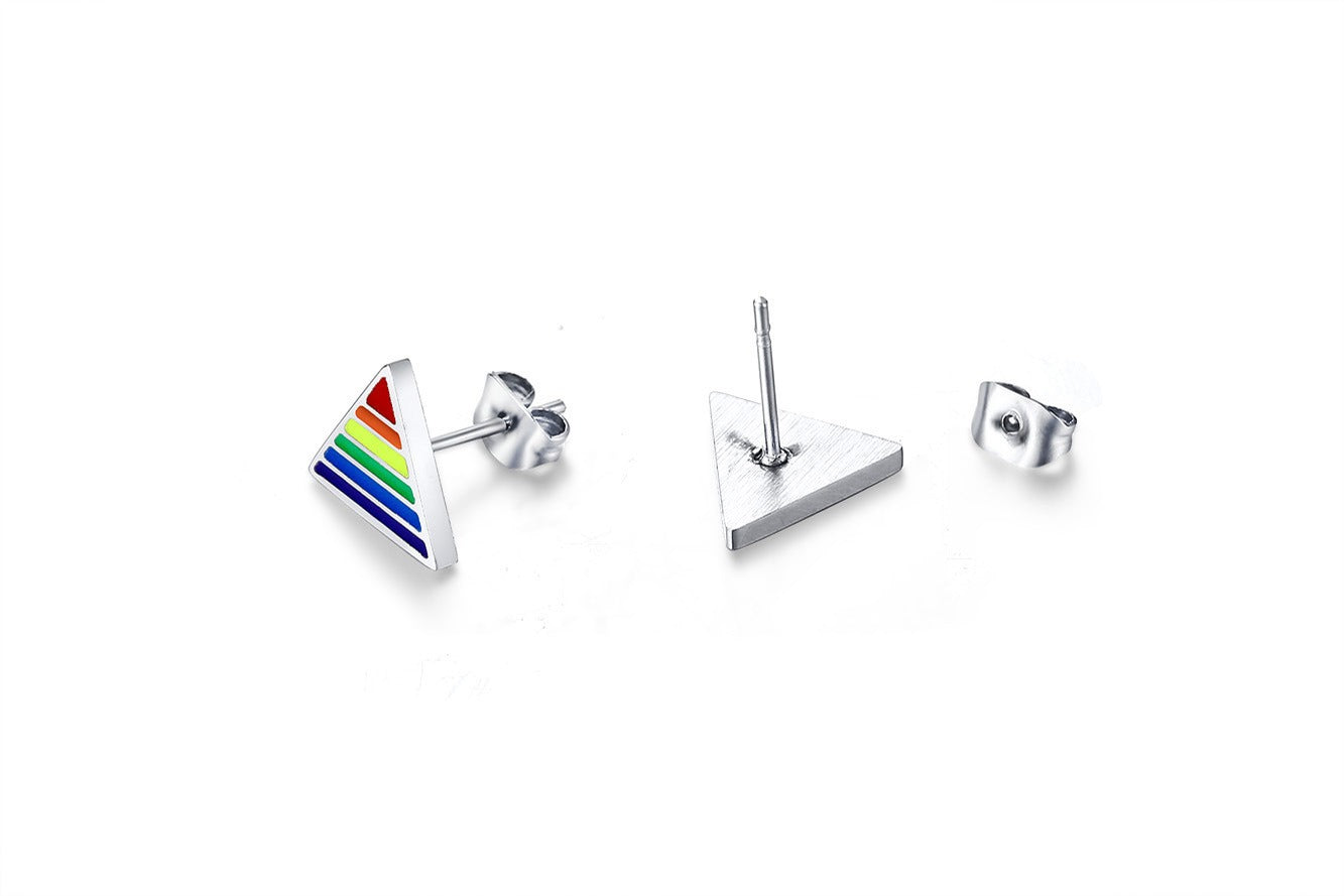 Stainless Steel Triangle Stud Earrings – Enamel Rainbow Edge for Men PE-003
