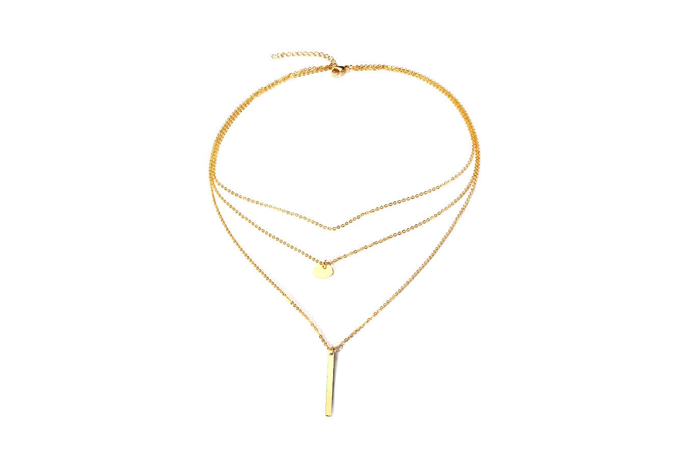 Geometric Triple Layer Necklace – Stainless Steel Bar & Circle Pendant in Gold | Gothic Minimalist Streetwear NC-428