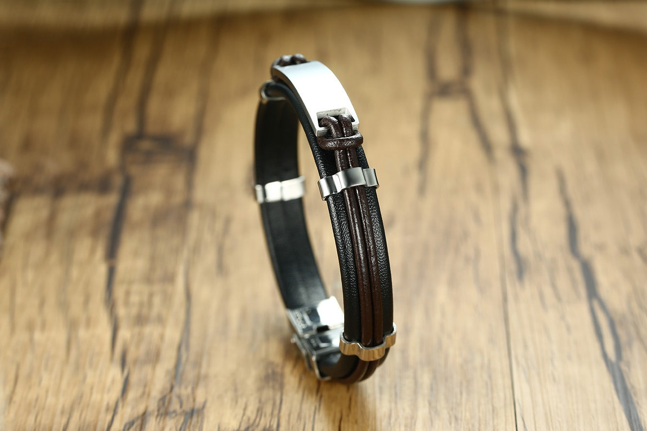 Men's Black Leather Bracelet with Matte Stainless Steel Plate – Gothic Street Power Style BL-344