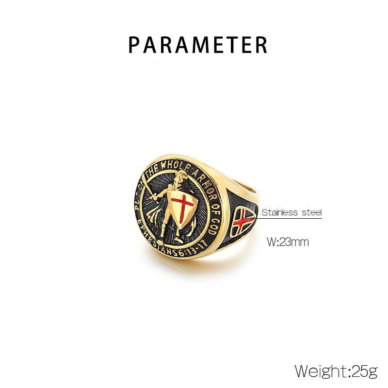 Anello con croce e scudo templare - Sigillo in acciaio inossidabile con armatura smaltata rossa | Gothic Street Faith KR112563