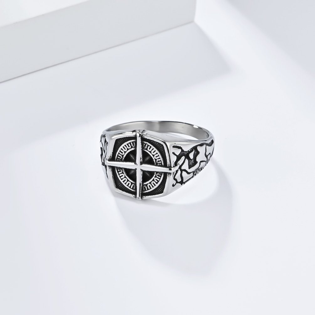 Kemstone Nautical Compass Stainless Steel Signet Ring for Men – Vintage Cross Dial Design K-R853