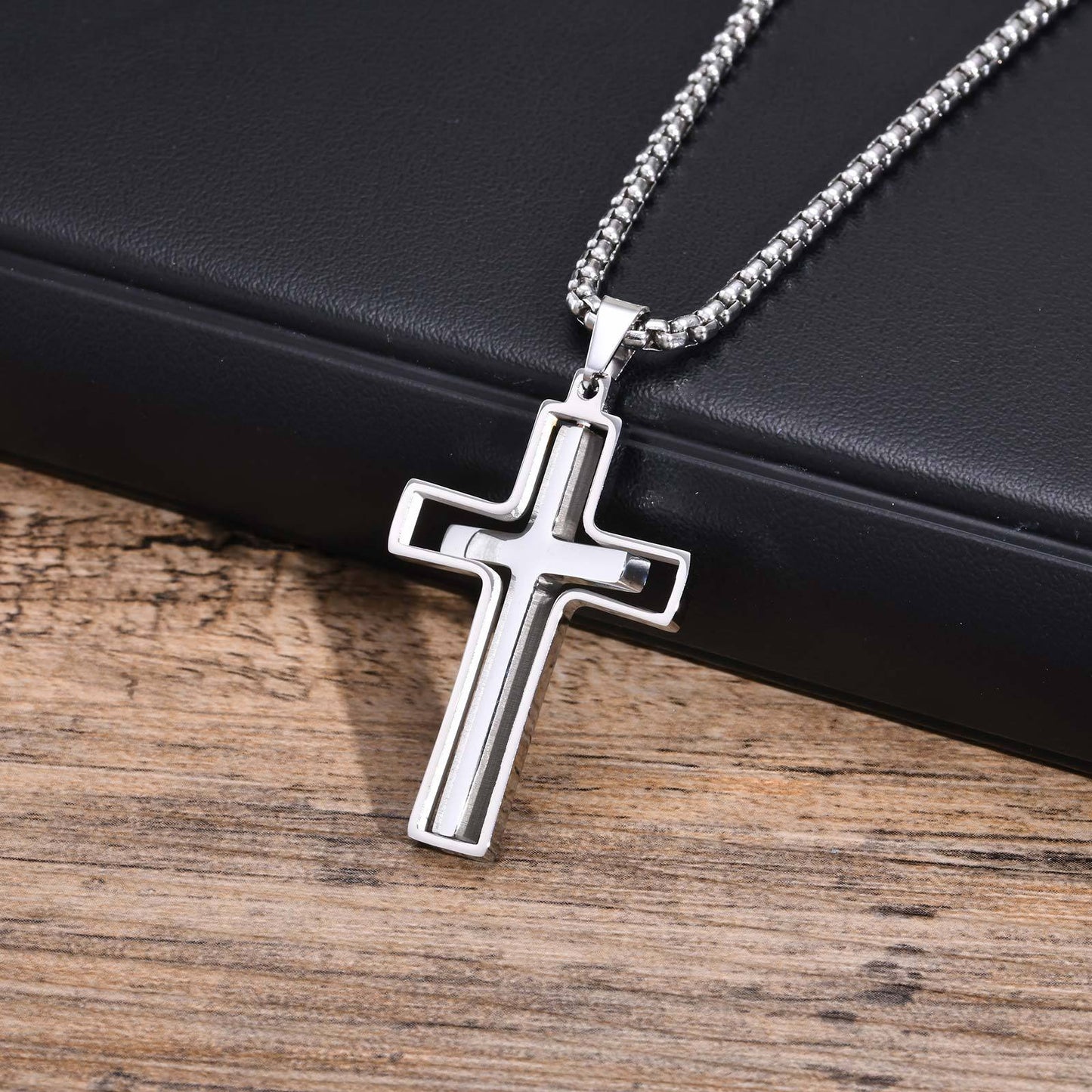 Men’s Rotating Cross Pendant Necklace – Gothic Dual-Layer Stainless Steel Chain PN-1998