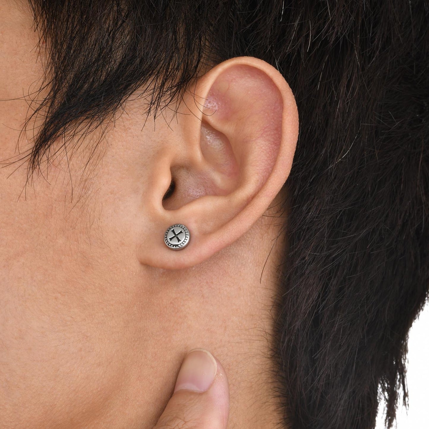 Kemstone Men’s Stainless Steel Cross Stud Earrings – Gothic Round Design Jewelry ES-429