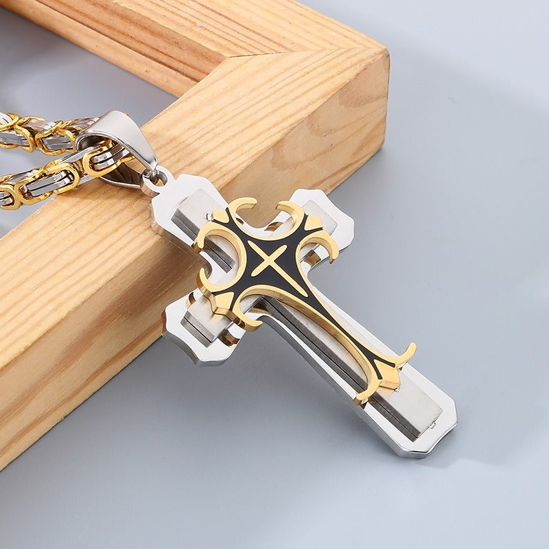 Kemstone Triple-Layer Gothic Cross Pendant Necklace – Stainless Steel Byzantine Chain KP78915
