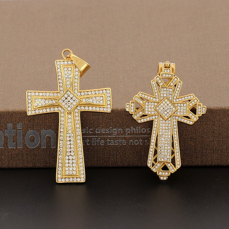 Kemstone Titanium Steel Gold Dual Cross Pendant Necklace – Hip Hop Cubic Zirconia Hollow Design KP130467