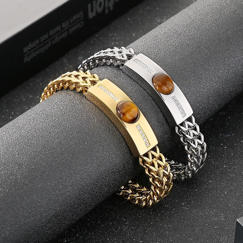 Kemstone Hiphop Zirconia-Encrusted Vintage Dual-Chain Tiger's Eye Stone Curb Men's Bracelet KB187685