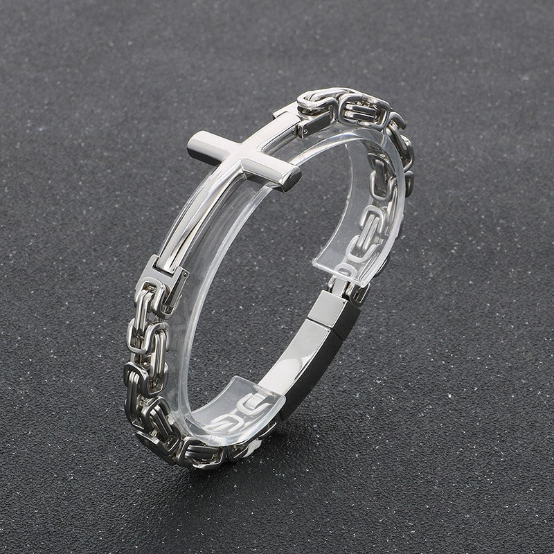 Kemstone Rock Revival Cross Cuff - Byzantine Chain Titanium Bracelet for Men with Vintage Gothic Motif KB190501
