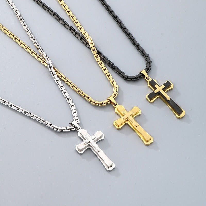 Kemstone Titanium Steel Vintage Bamboo Chain Necklace – Triple Cross Pendant for Men KN288587-K