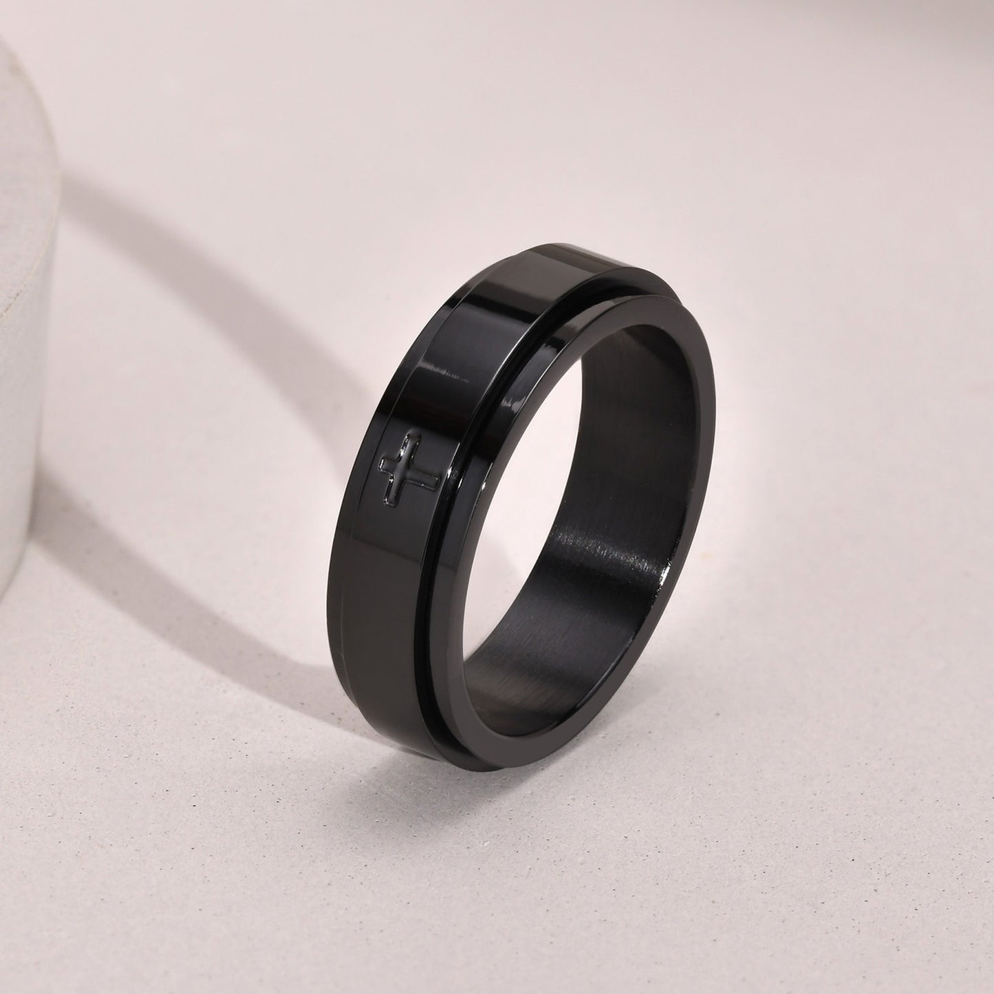Kemstone Black Laser-Etched Cross Rotating Stainless Steel Ring – Gothic Industrial Men’s Jewelry R589