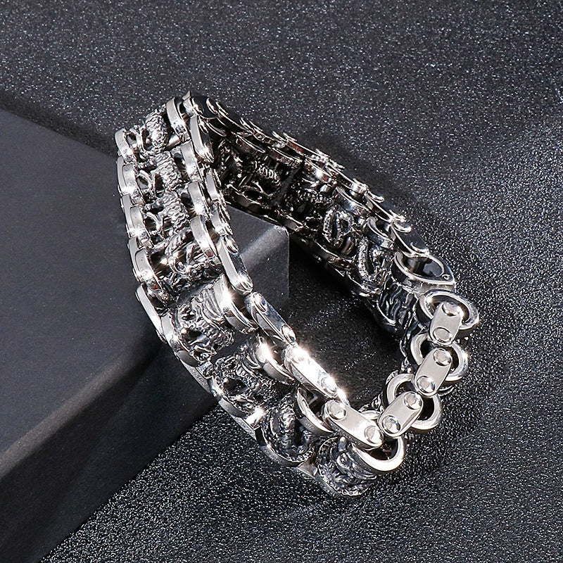 Kemstone Vintage Dragon Bike Chain Cuff – Stainless Steel Men’s Bracelet, Handcrafted Rustic KB83923-BD