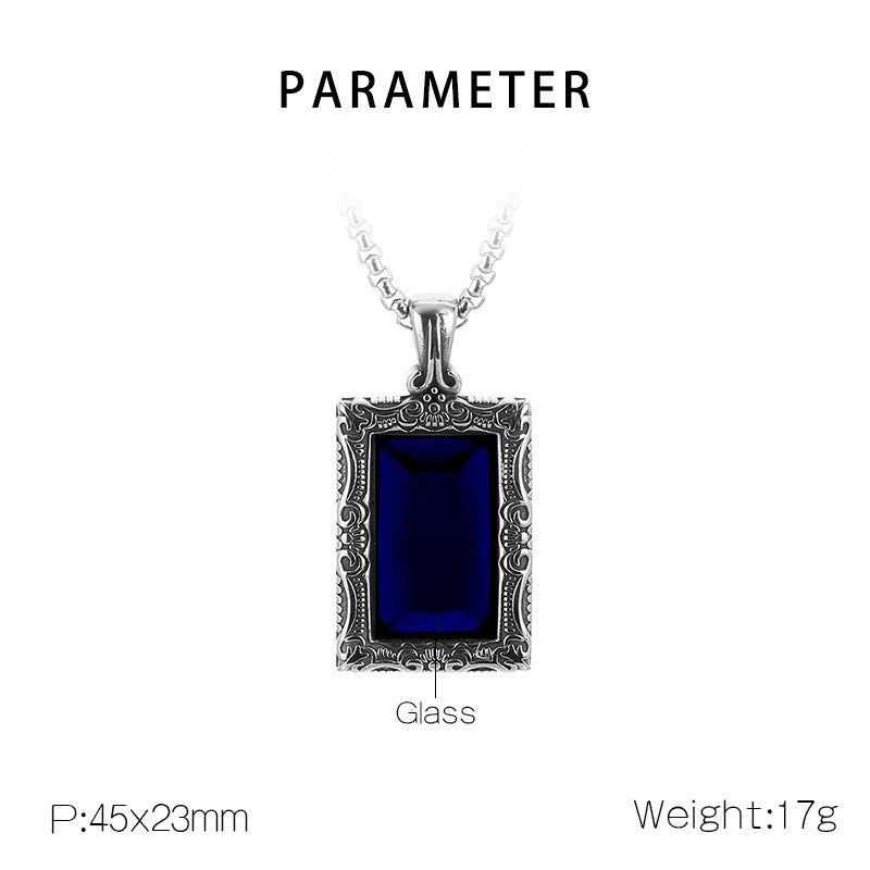 Kemstone Vintage Square Pendant – Titanium Steel Necklace with Scrollwork & Blue-Black Stone | Gothic Street Style for Men KP130520-TGX