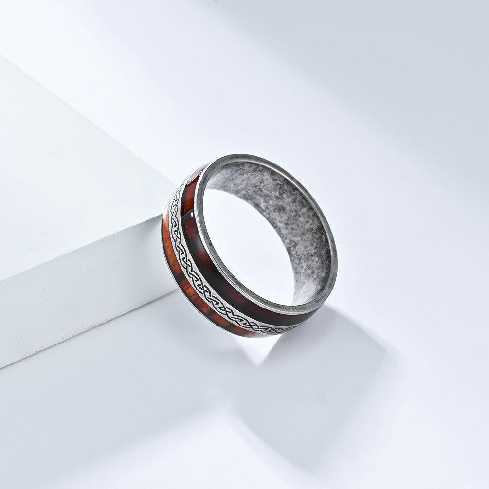 Kemstone Celtic Knot Wood Inlay Stainless Steel Ring for Men & Women K-R1026
