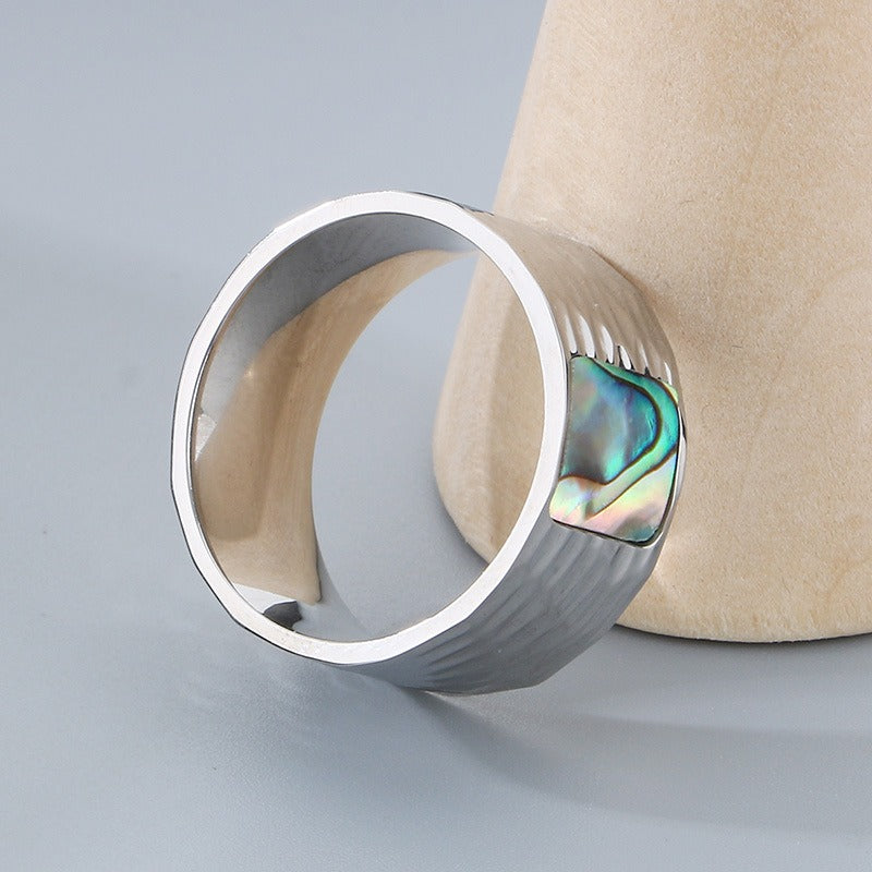 Kemstone Men’s Abalone Shell Ring – Hand-Hammered Stainless Steel Band KR110050