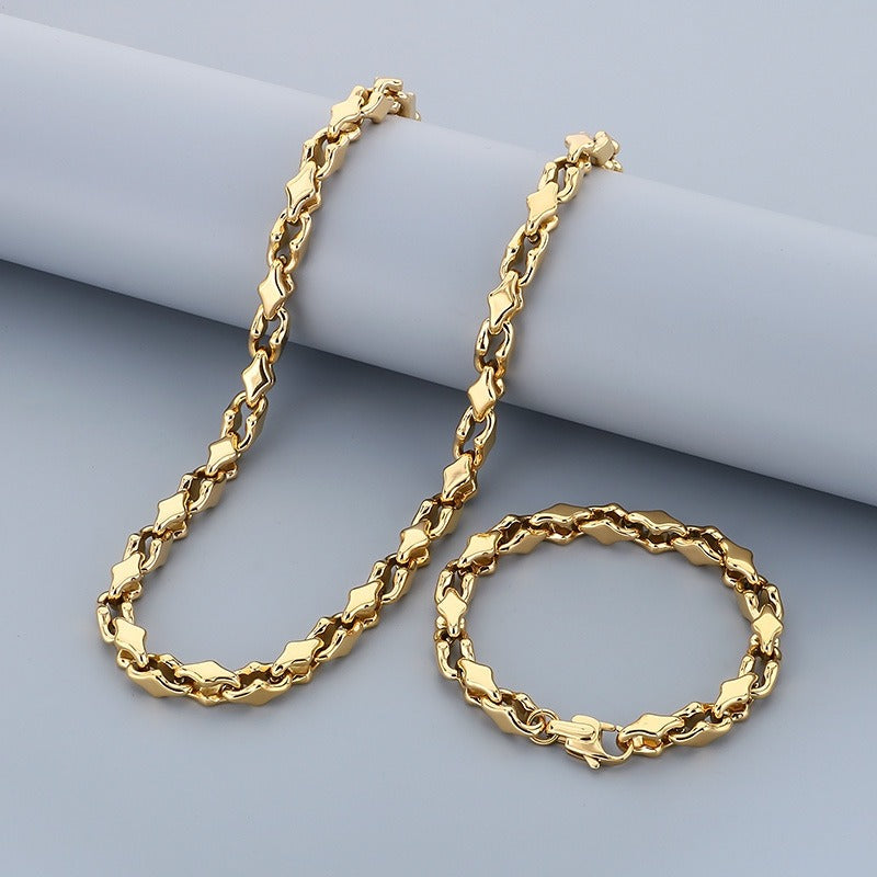 Kemstone Steel Link Jewelry Set – Men’s Hip-Hop Chain Necklace & Bracelet with Geometric Links