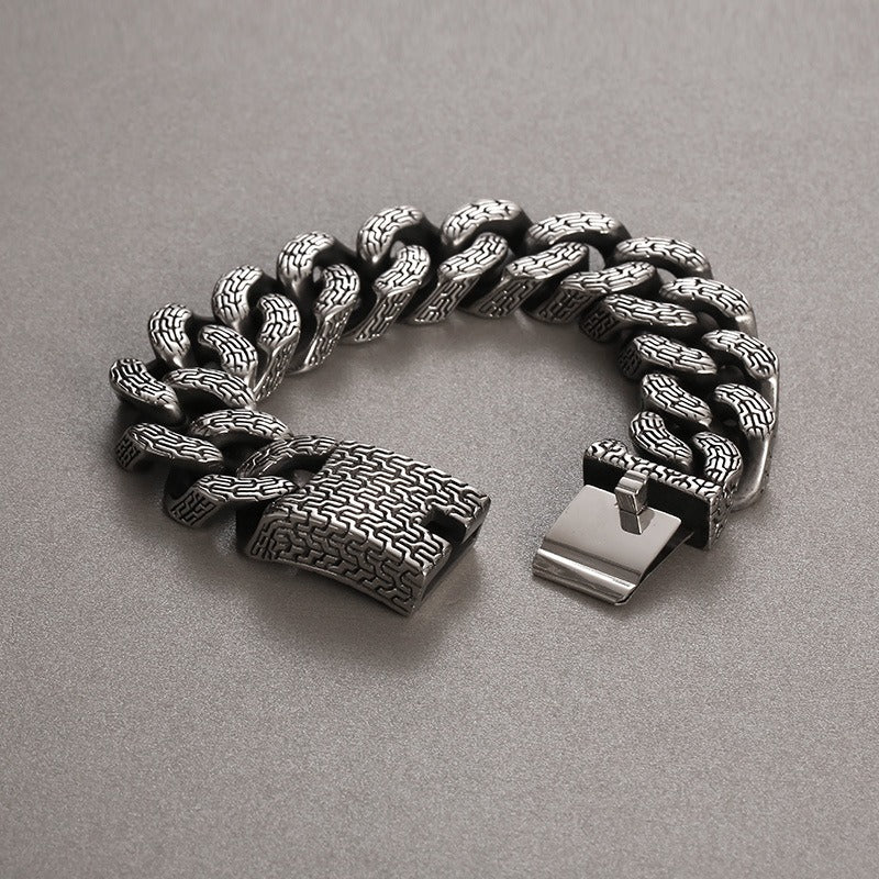 Kemstone Trident Textured Curb Chain Bracelet – Heavy Stainless Steel Viking Punk Streetwear KB179929