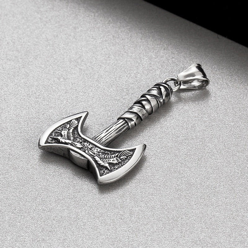 Kemstone Viking Axe & Raven Pendant – Norse Rune Titanium Steel Necklace for Men KP130627-TLX