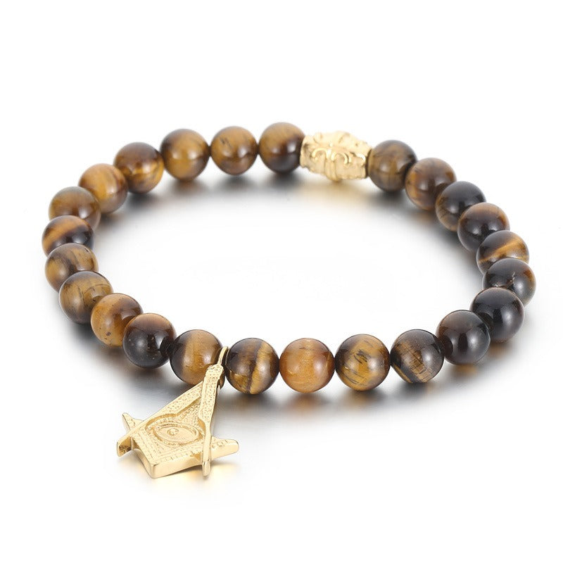 Kemstone Black Onyx Beaded Bracelet – CZ Crown, Freemason Cross & Tiger Eye Accent for Men’s Gothic Streetwear KB69789-BD