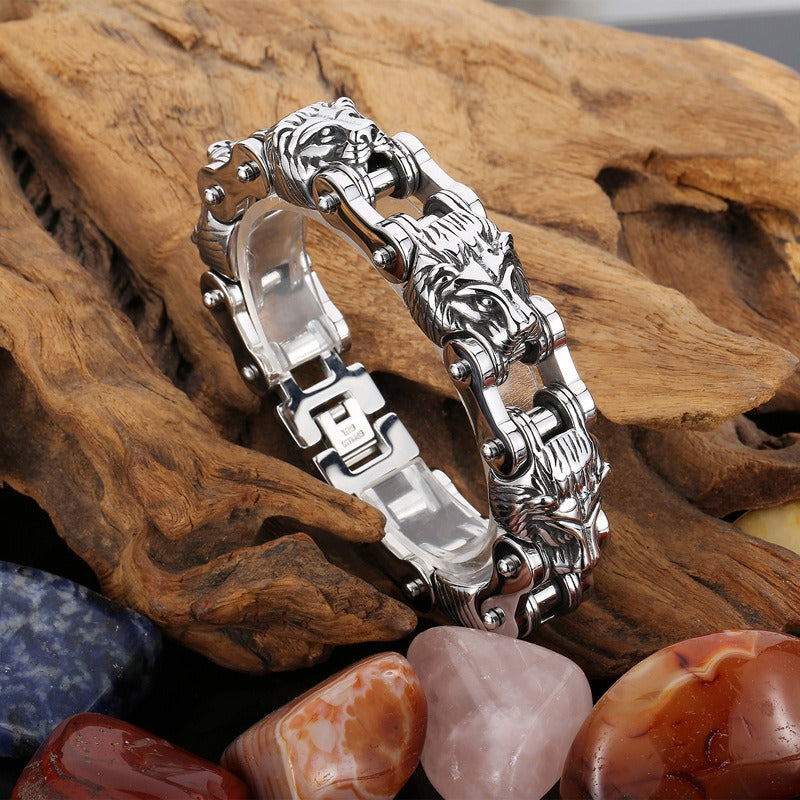 Kemstone Bold Lion Head Titanium Steel Motorcycle Chain Bracelet for Men KB153352