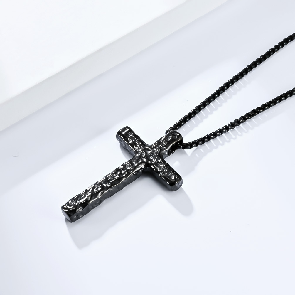 Kemstone Stainless Steel Cross Pendant Necklace for Men Hammered Textured Vintage K-PT504
