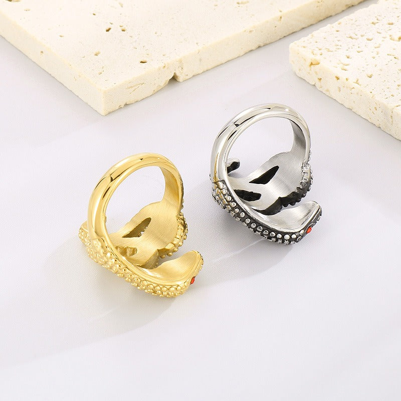 Kemstone Serpentine Titanium Steel Ring - Coiled Snake Design with Ruby Eyes, Vintage Gothic Jewelry for Men KR105952