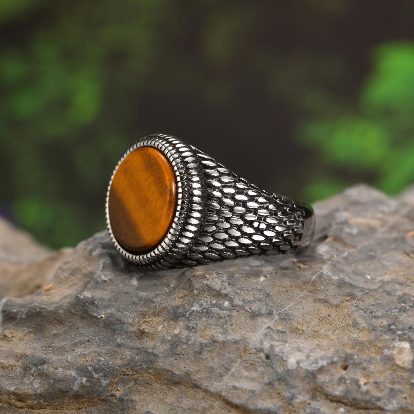 Men’s Stainless Steel Signet Ring – Natural Stone Seal Design (Black Onyx / Turquoise / Tiger Eye) RC-685